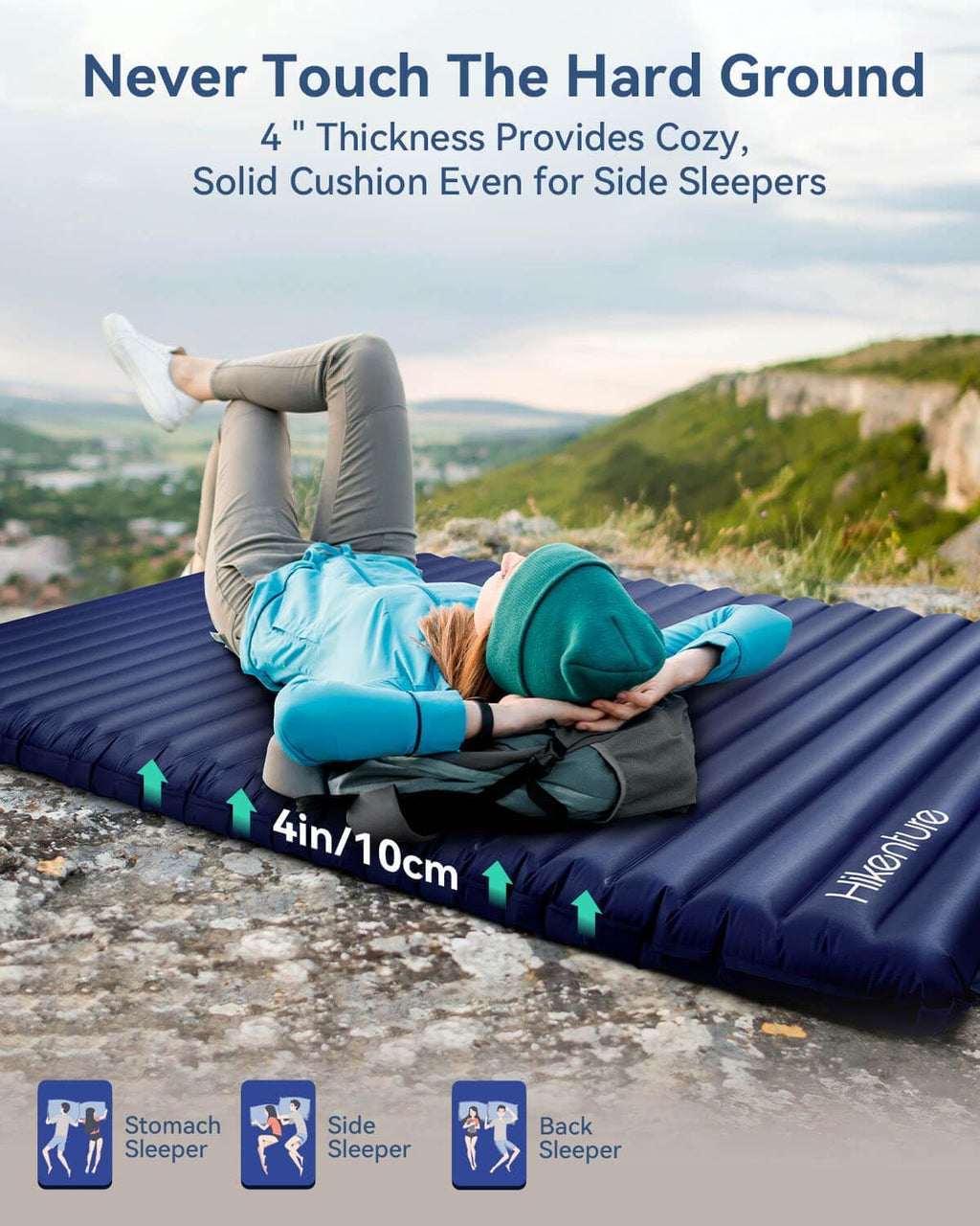 Hikenture Double Sleeping Pad for Camping, Ultralight 4" Extra-Thick Camping Mattress 2 Person, Inflatable Backpacking Sleeping Mat, Hiking Air Mattress for Tent (Navy Pumpsack 79x55in)