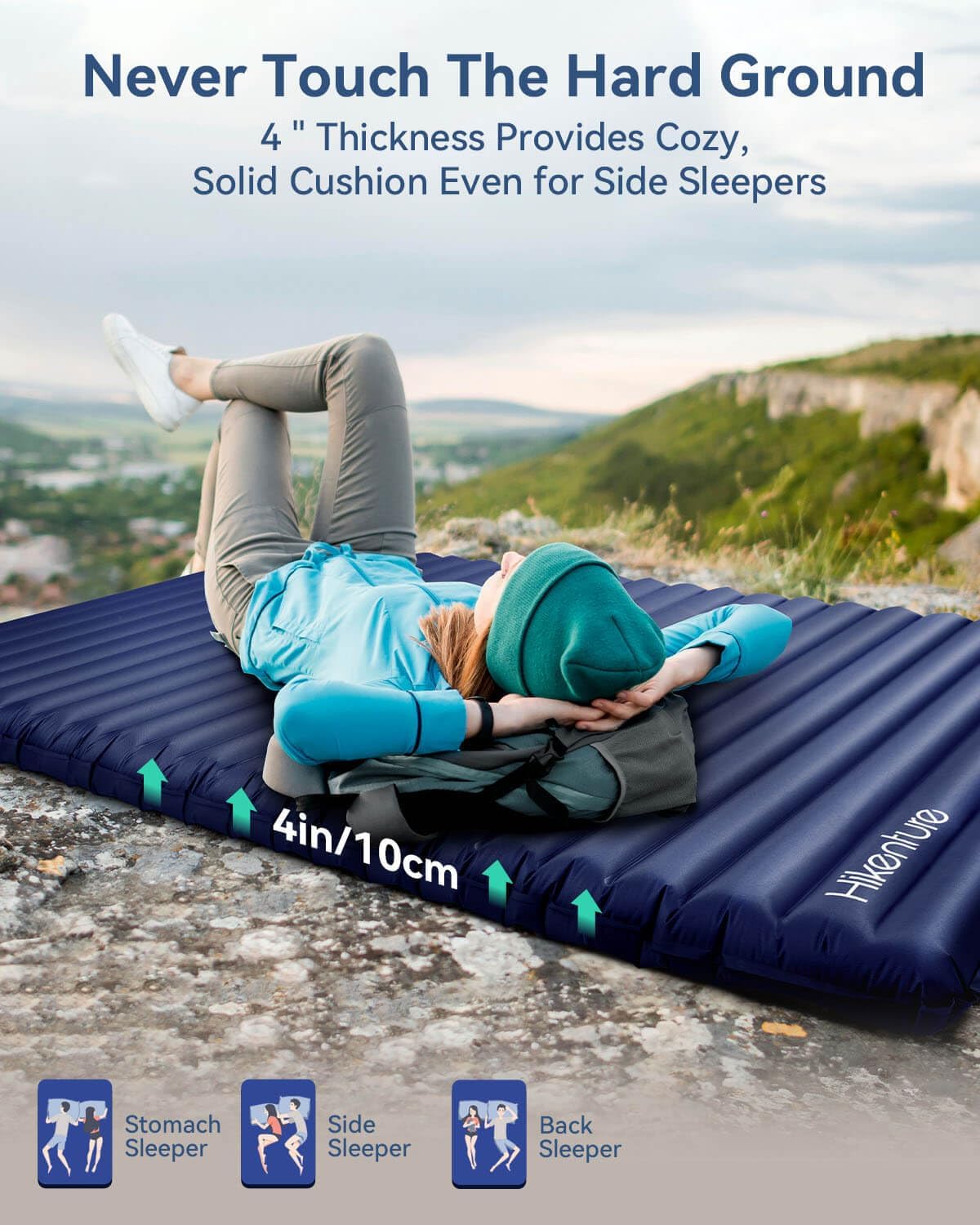 Hikenture Double Sleeping Pad for Camping, Ultralight 4" Extra-Thick Camping Mattress 2 Person, Inflatable Backpacking Sleeping Mat, Hiking Air Mattress for Tent (Navy Pumpsack 79x55in)