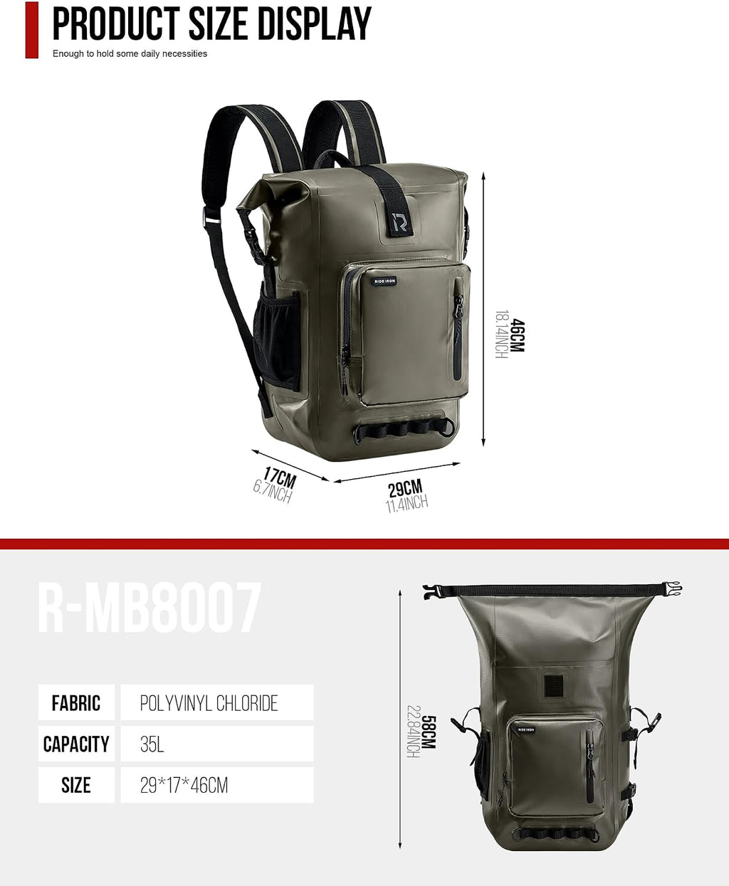 RIDEIRON Waterproof Backpack, Motorcycle Dry Bag with Roll Top Closure 35L