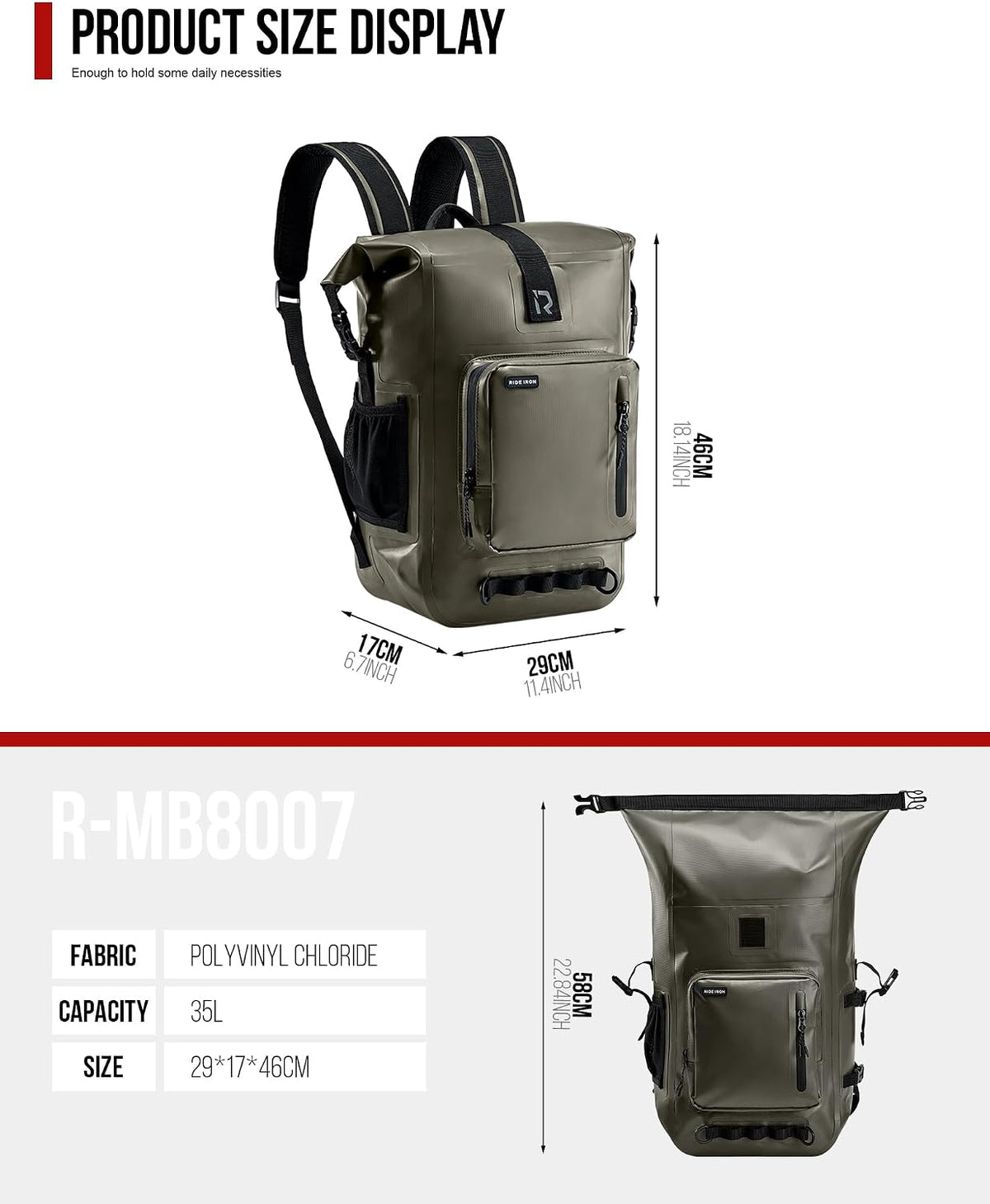 RIDEIRON Waterproof Backpack, Motorcycle Dry Bag with Roll Top Closure 35L