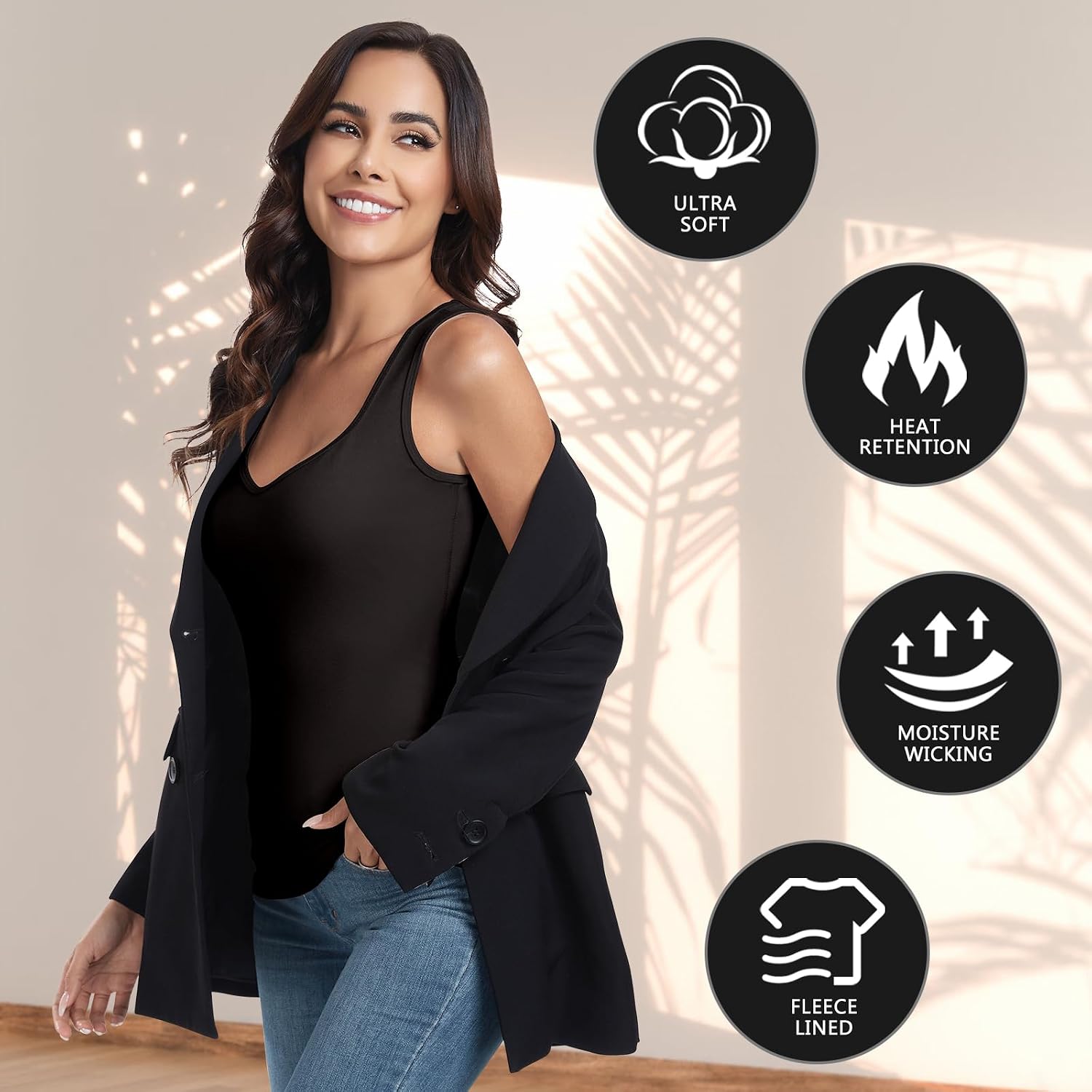 WOWENY Thermal Fleece Tank Top for Women V Neck Sleeveless Shirts Camisole Warm Base Layer Cami Vest Underwear Tops