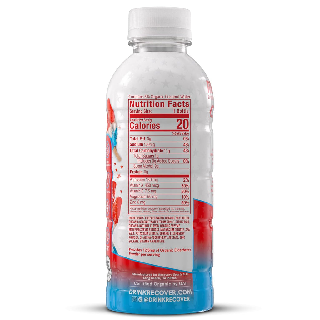 RECOVER 180 Organic Sports Hydration Drink, No Sugar Added, 20 Calorie Sports Beverage, Organic Flavors With Vitamins, Potassium-Packed Electrolytes (16.9 Fl Oz (Pack of 12), Rocket Pop)