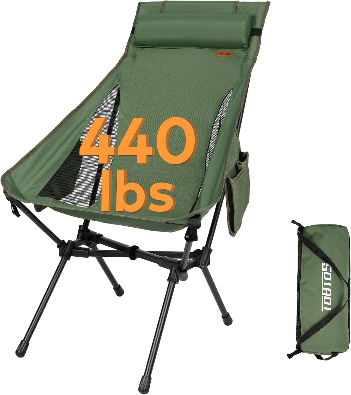 TOBTOS Portable High Back Camping Chair, Support 440 lbs, Ultralight Folding Chair with Head Support, Compact Backpacking Chair for Outdoor Camp Backpacking Fishing (Black)