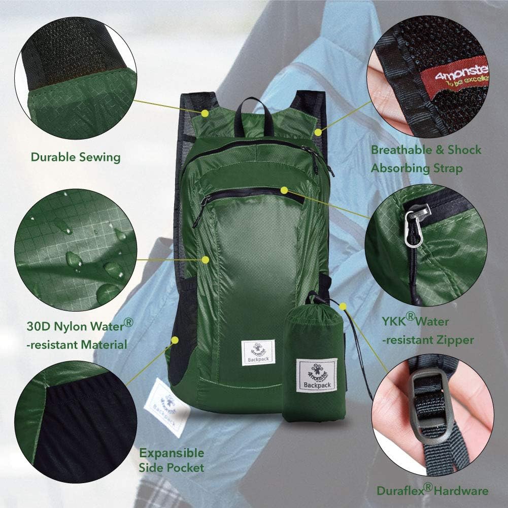 4Monster Hiking Daypack,Water Resistant Lightweight Packable Backpack for Travel Camping Outdoor
