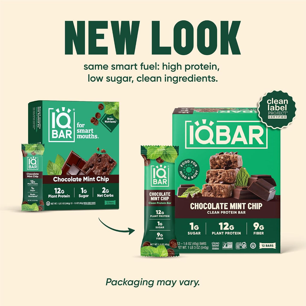 IQBAR Clean Protein Bars, Low Sugar Keto, Chocolate Mint Chip 36-Count