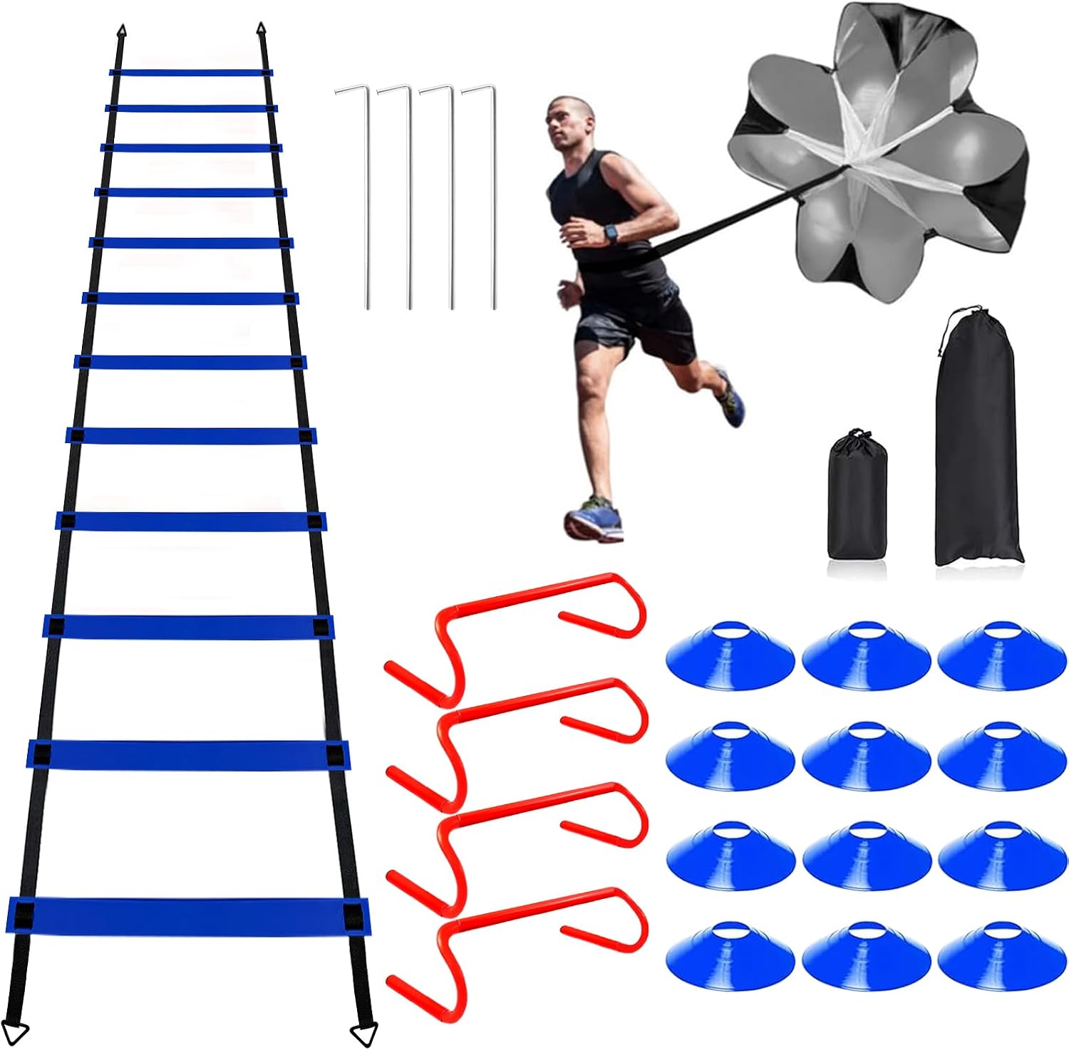 YEXEXINM Professional Agility Ladder Speed Training Equipment Set-20ft Agility Ladder,12 Soccer Cones, 4 Agility Hurdles, Running Parachute, Suitable for Soccer Football Basketball Training