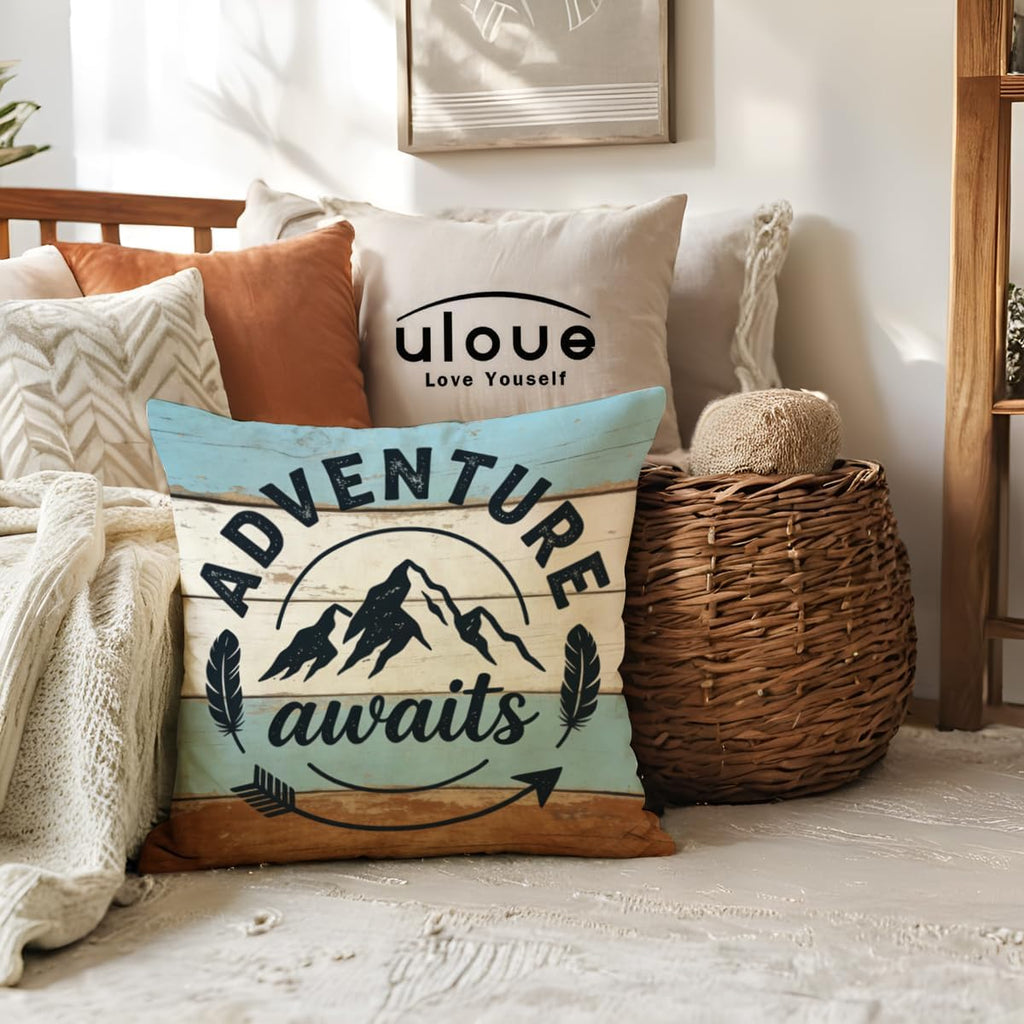 ULOVE LOVE YOURSELF Adventure Awaits Throw Pillow Cover Let’s Go Camping Cushion Covers Cabin/Camper Decorative Pillowcases 18 x 18 Inch,Set of 2