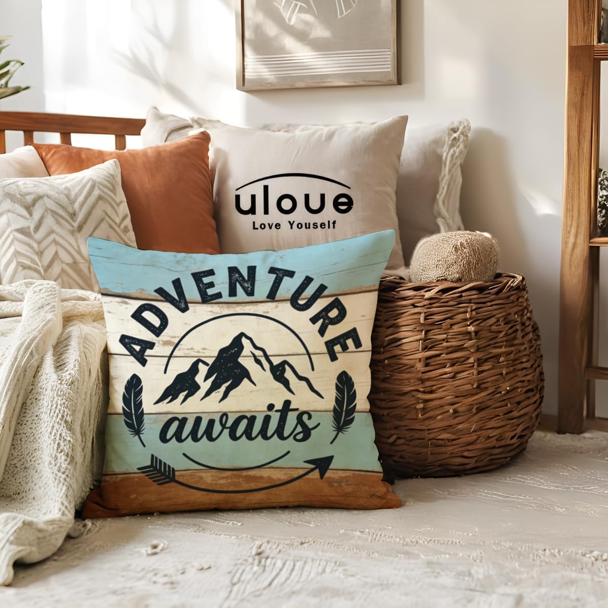 ULOVE LOVE YOURSELF Adventure Awaits Throw Pillow Cover Let’s Go Camping Cushion Covers Cabin/Camper Decorative Pillowcases 18 x 18 Inch,Set of 2