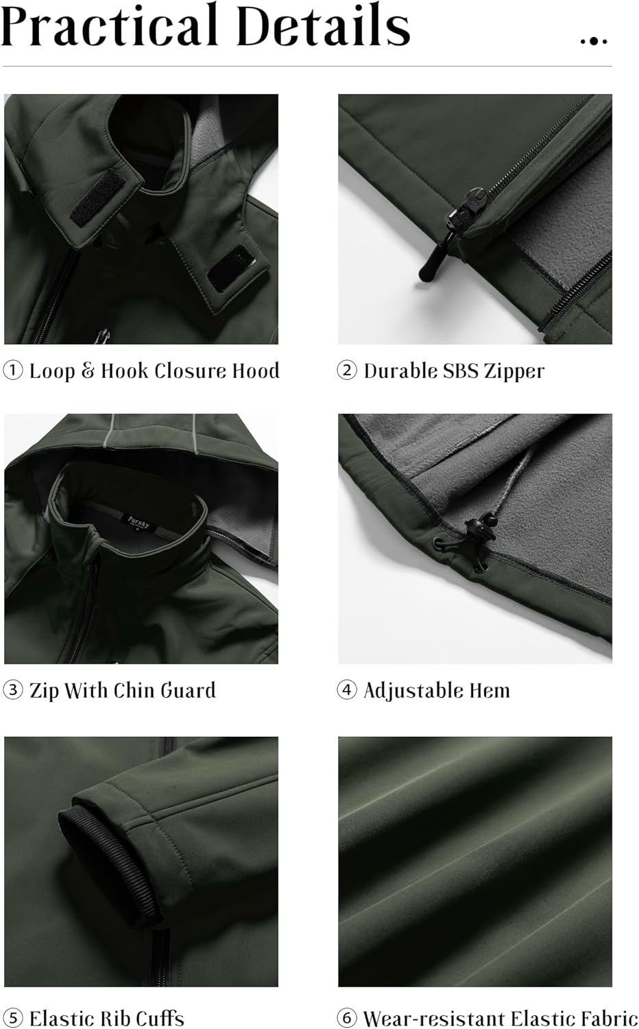 Pursky Men's Softshell Jacket Waterproof Fleece Lined Windbreaker With Removable Hood Lightweight Tactical Jacket