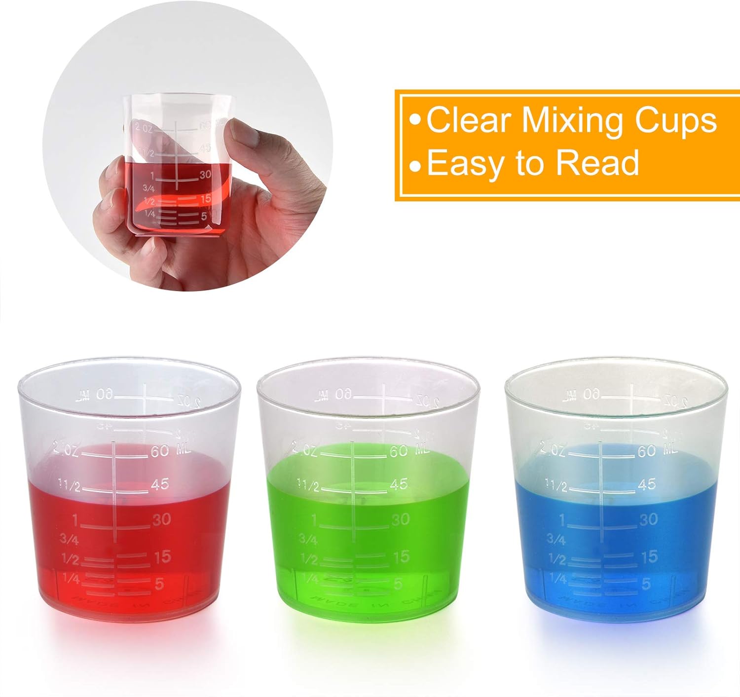Coopay 50 Pack 60ml/2oz Plastic Graduated Cups Transparent Scale Clear Epoxy Mixing Cup with 100 Pack Wooden Stirring Sticks for Resin, Epoxy, Stain, Mixing Paint
