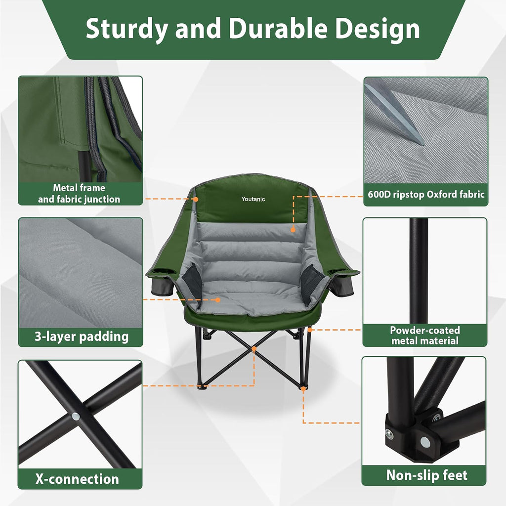 Youtanic Oversized Padded Camping Chair, Portable Folding Camping Chairs
