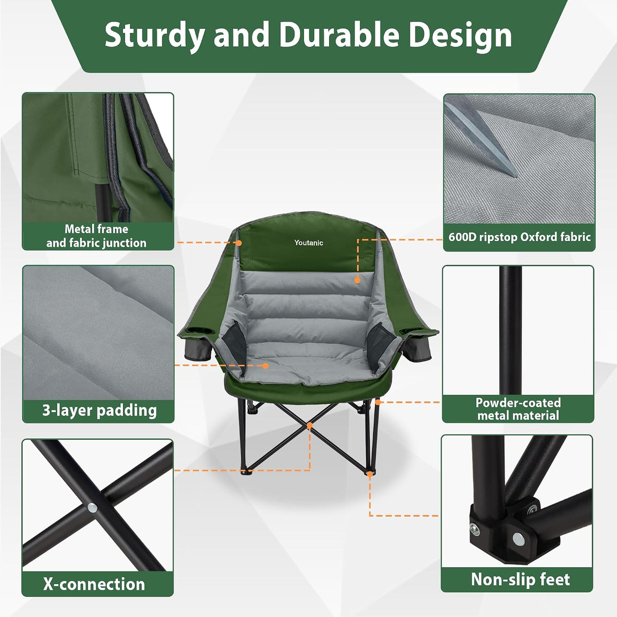 Youtanic Oversized Padded Camping Chair, Portable Folding Camping Chairs