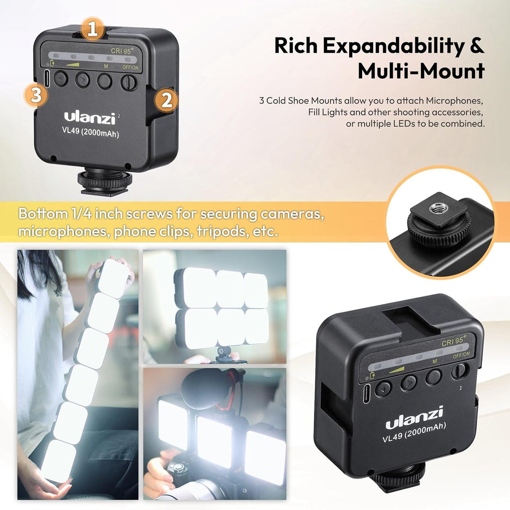 Ulanzi VL49 On-Camera LED Video Fill Light, 5500K 2000mAh Rechargeable