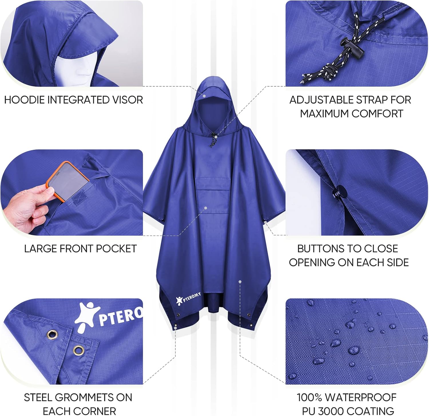 PTEROMY Hooded Rain Poncho for Adults, Reusable Waterproof Raincoat