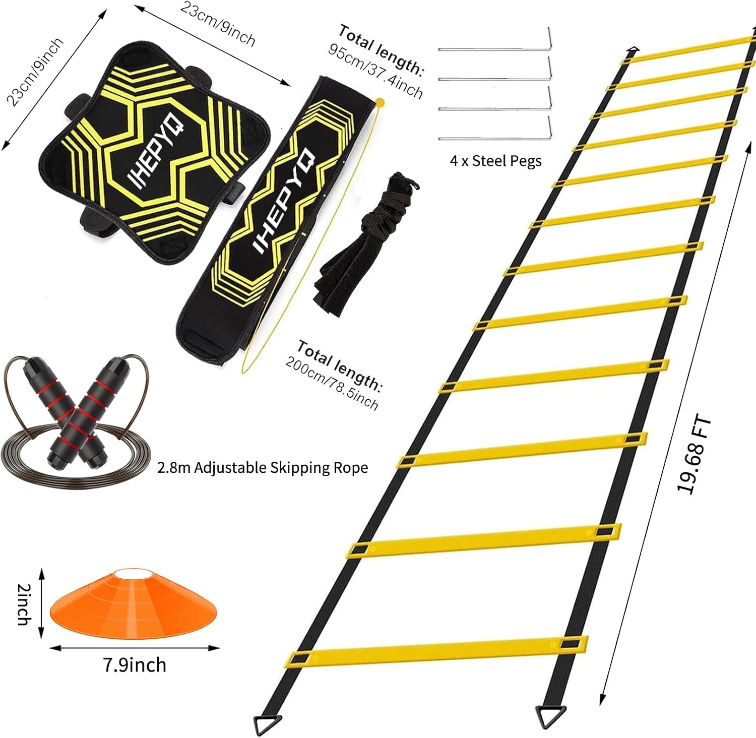 IHEPYQ Soccer Agility Training Equipment Set, 12 Rung 20Ft Agility Ladder, 12 Disc Cones, 4 Steel Stakes, Solo Soccer Trainer, Jump Rope - Speed Training Equipment for Soccer Football Basketball