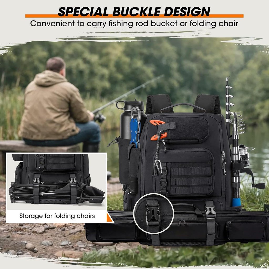 RAINSMORE Fishing Backpack 40L Tackle Backpack with Rod Holders & Cooler