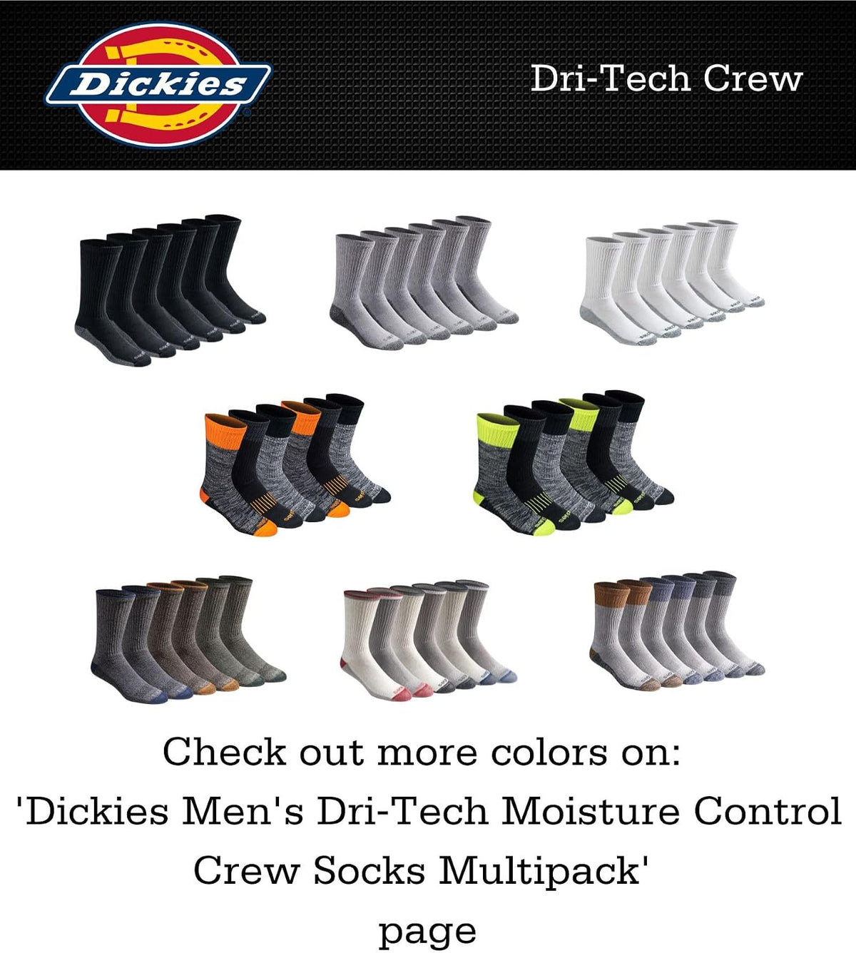 Dickies Men's Dri-Tech Essential Moisture Control Crew Socks, Available in M-XXL (6, 12 Pairs)