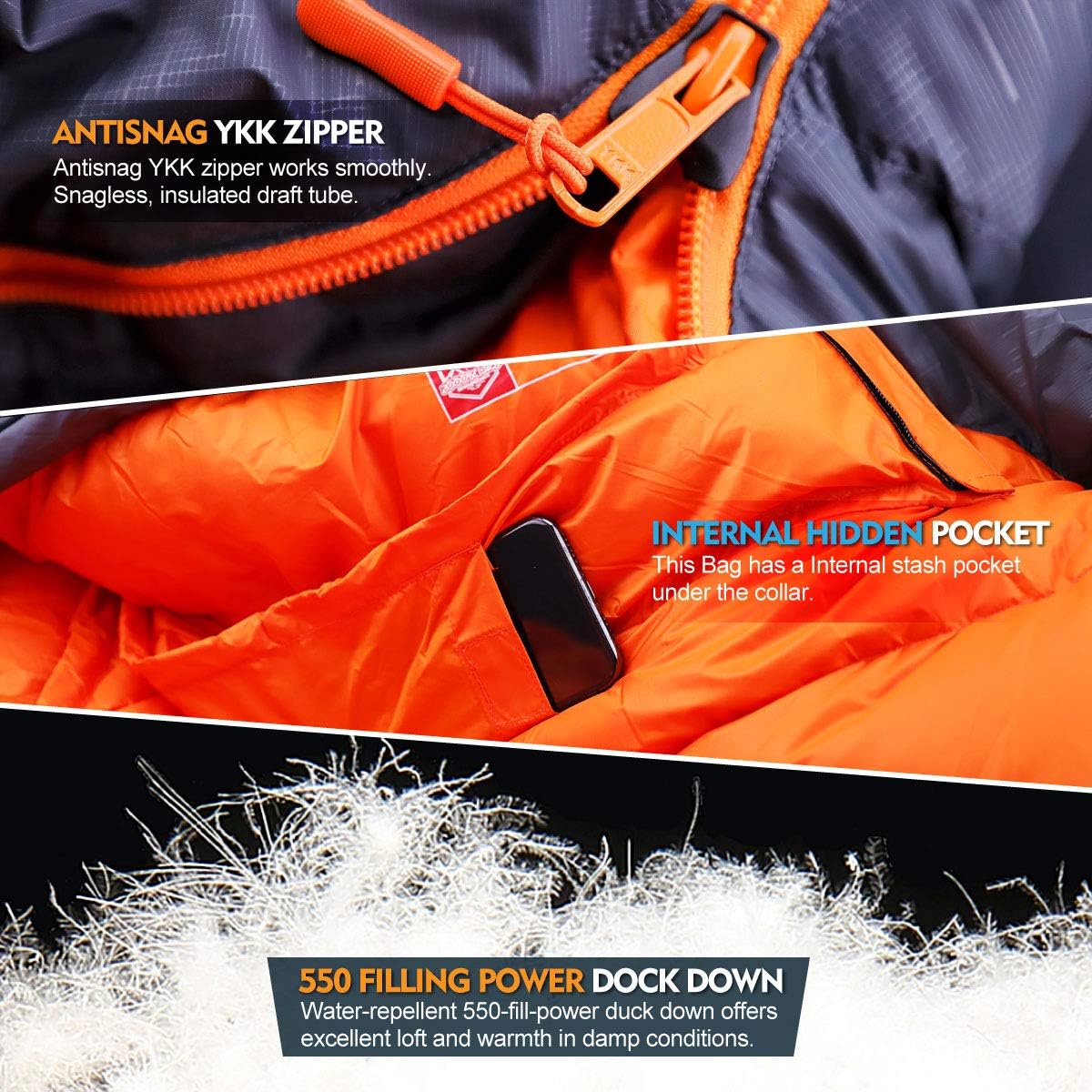 ZOOOBELIVES 10 Degree Down Sleeping Bag for Adults, 4-Season Cold-Weather Mummy Bag, Roomy Fit, 550+ Fill Power Warmth, Lightweight & Compressible for Car Camping, Backpacking & Hunting - AlpliveD1500