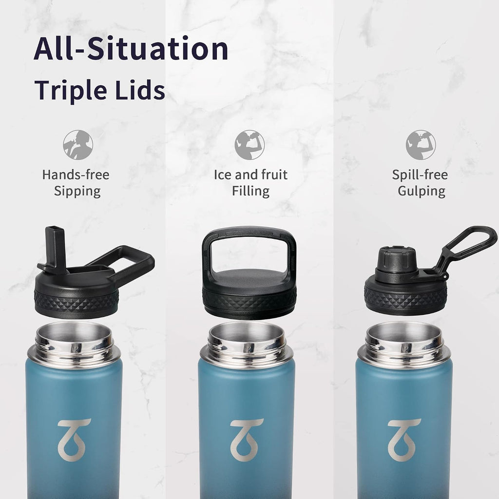 Trebo Insulated Water Bottle 24 oz with 3 Lids, Paracord Handle