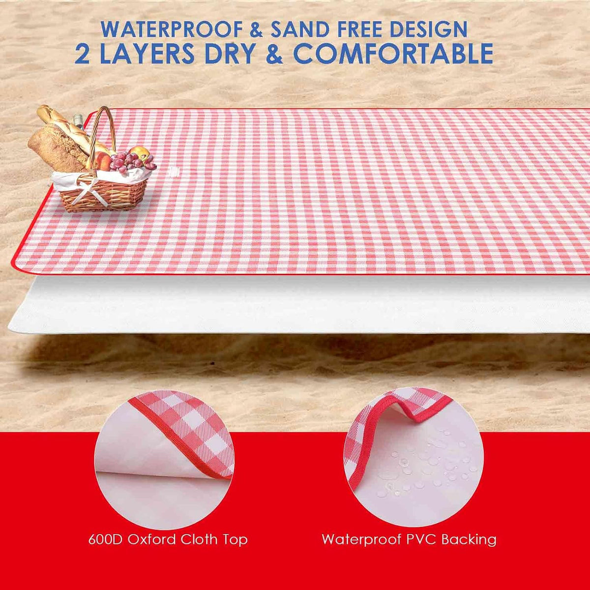 GIVERARE Picnic Beach Blanket Extra Large, XL Sandproof Waterproof Outdoor Camping Blankets 80x60in, Sand Free Oversized Mat, Quick Drying Portable Mats for Travel, Hiking, Music Festival, Lawn-Red