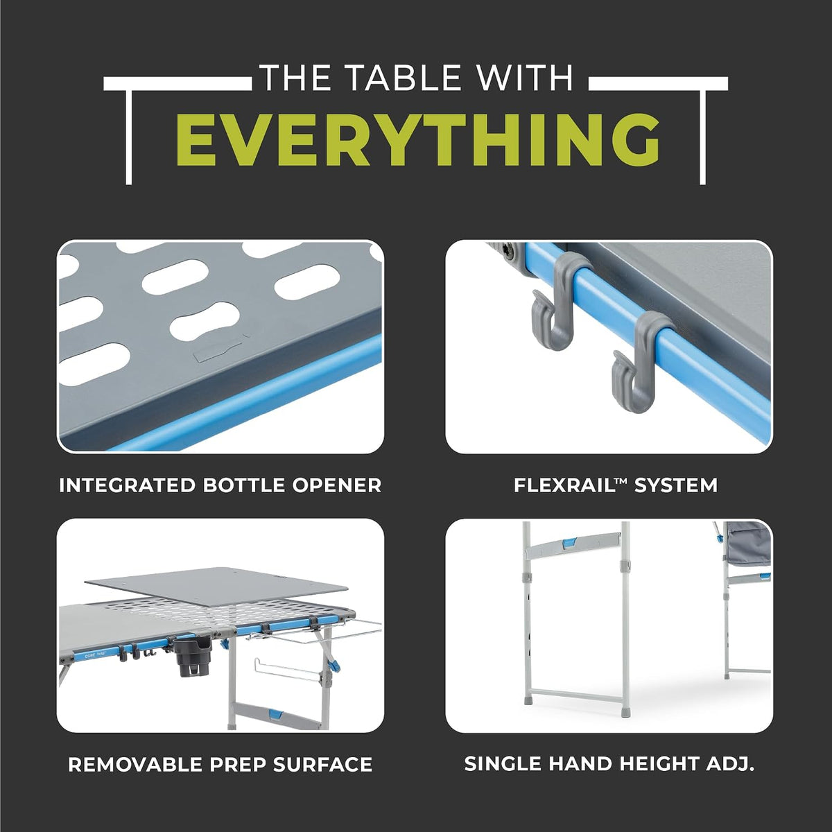 CORE Outdoor Cook Table | 4 Foot Table with Adjustable Height and Storage for Cooking Accessories | Foldable & Portable for Beach, Picnic, Backyards, BBQ, Tailgate, Patio and Party