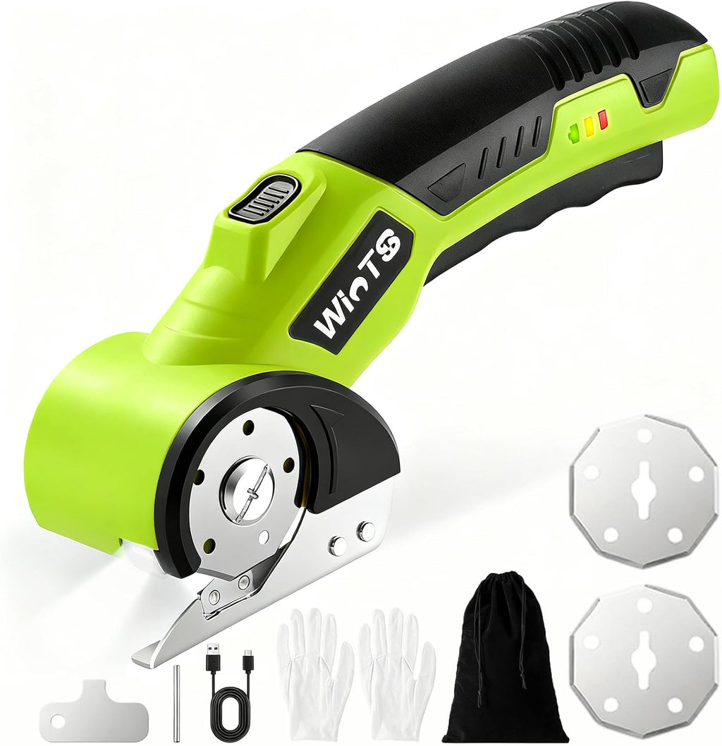 WINTS Cordless Electric Scissors,High-capacity 2000mah Battery 4V Cardboard Cutter with Safety Lock & LED Light, Rechargeable Rotary Cutter for Box Carpet Plastic Fabric With 2 Blades (Yellow)
