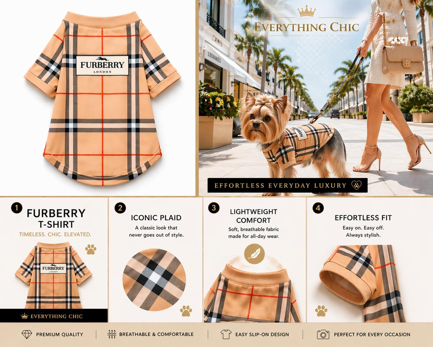 Luxury Designer Dog T Shirt – Trendy Puppy Clothes for Small Dogs, Fashion Pet Tee for French Bulldogs & Chihuahuas, Everything Chic Dog Apparel (FurberryTee, Small)