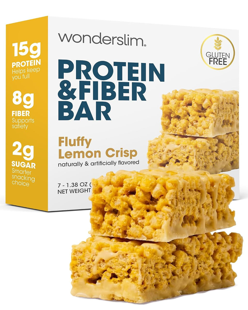 Wonderslim High Fiber Protein Bars, Low Calorie Snack – Fluffy Lemon, 7ct