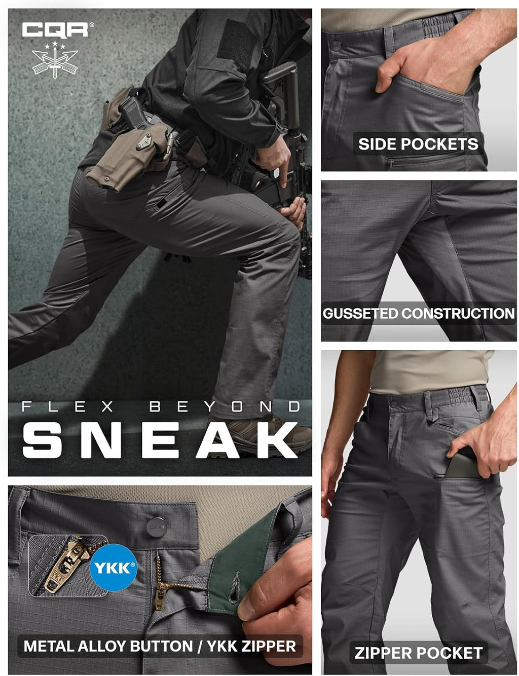 CQR Men's Flex Stretch Tactical Pants, Water Resistant Ripstop Cargo Pants, Lightweight EDC Outdoor Work Hiking Pants