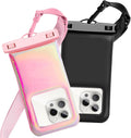 Floatable Waterproof Phone Pouch Case 2 pax for iPhone 17 16 Pro Max/15/14/13/12, IP68 Travel Cellphone Dry Bag Beach Cruise Ship Essentials Bags with Crossbody Lanyard,Pink and Black-7″