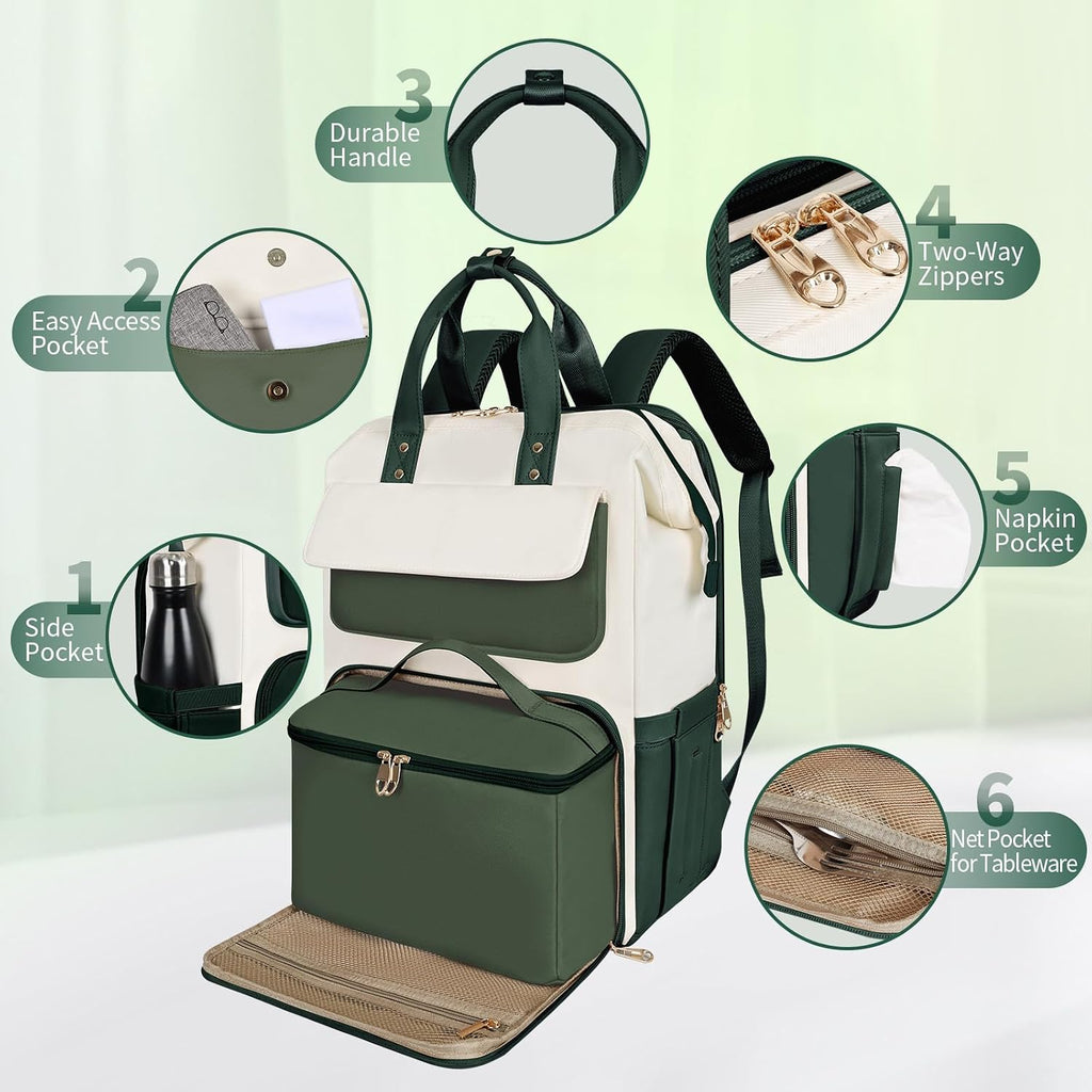 BERTASCHE Lunch Backpack for Women, 15.6 Inch Laptop Backpack with Insulated Cooler Lunch box, Nurse Backpack for Teacher Work Travel College Picnic,Green-Beige