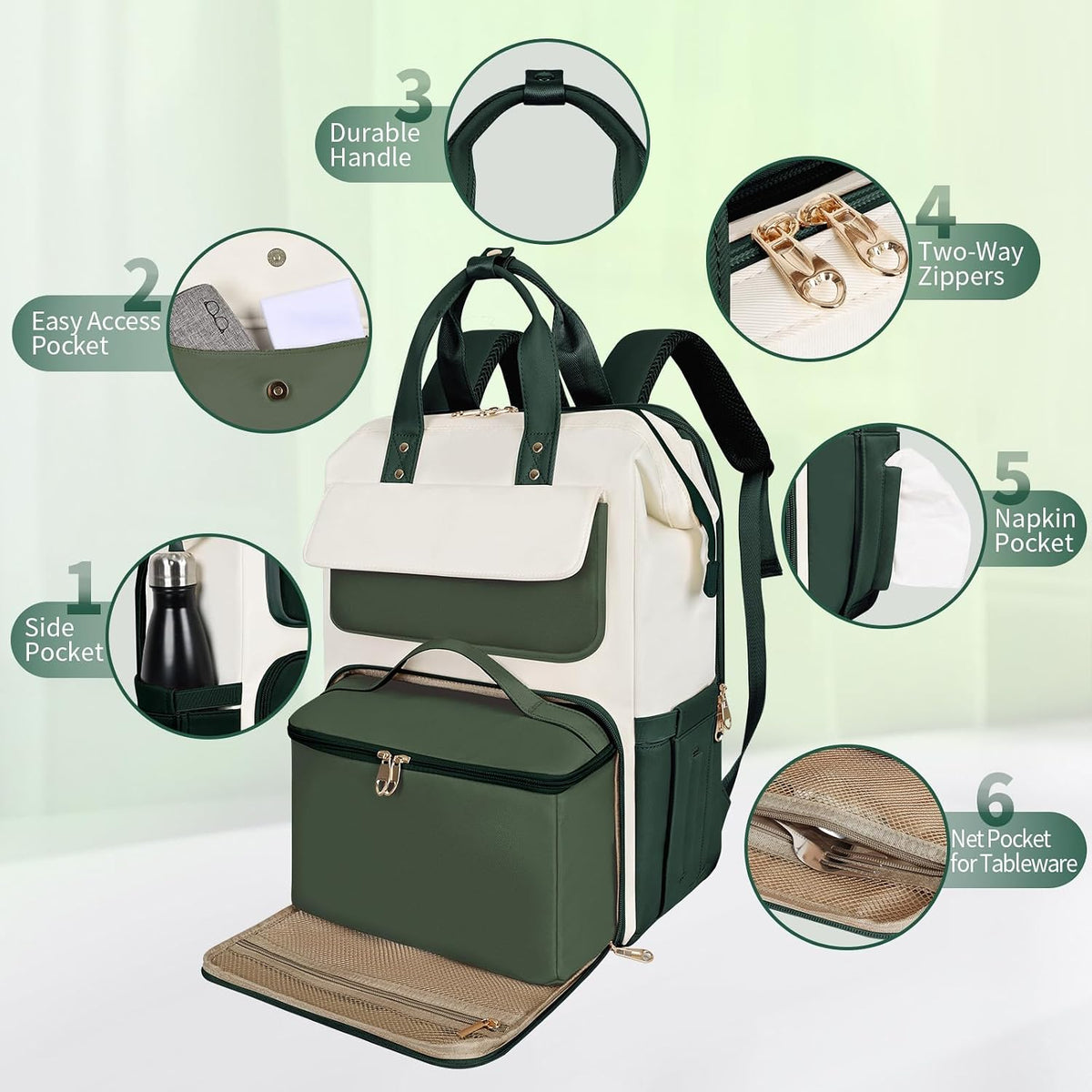 BERTASCHE Lunch Backpack for Women, 15.6 Inch Laptop Backpack with Insulated Cooler Lunch box, Nurse Backpack for Teacher Work Travel College Picnic,Green-Beige