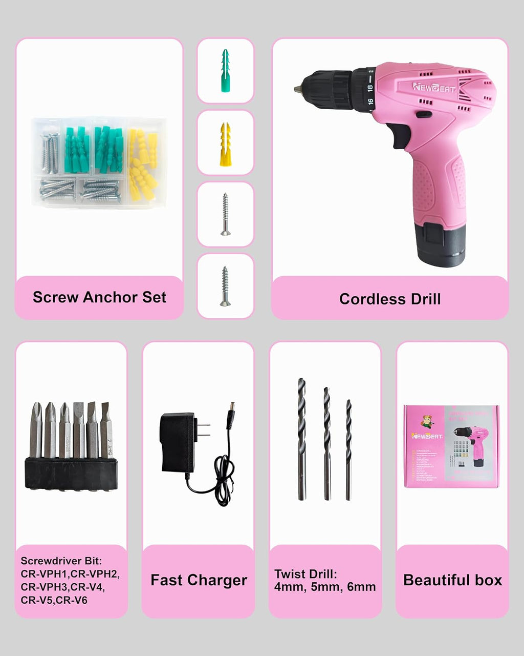 12V Cordless Drill Set with 2 Battery, Pink Drill for Women