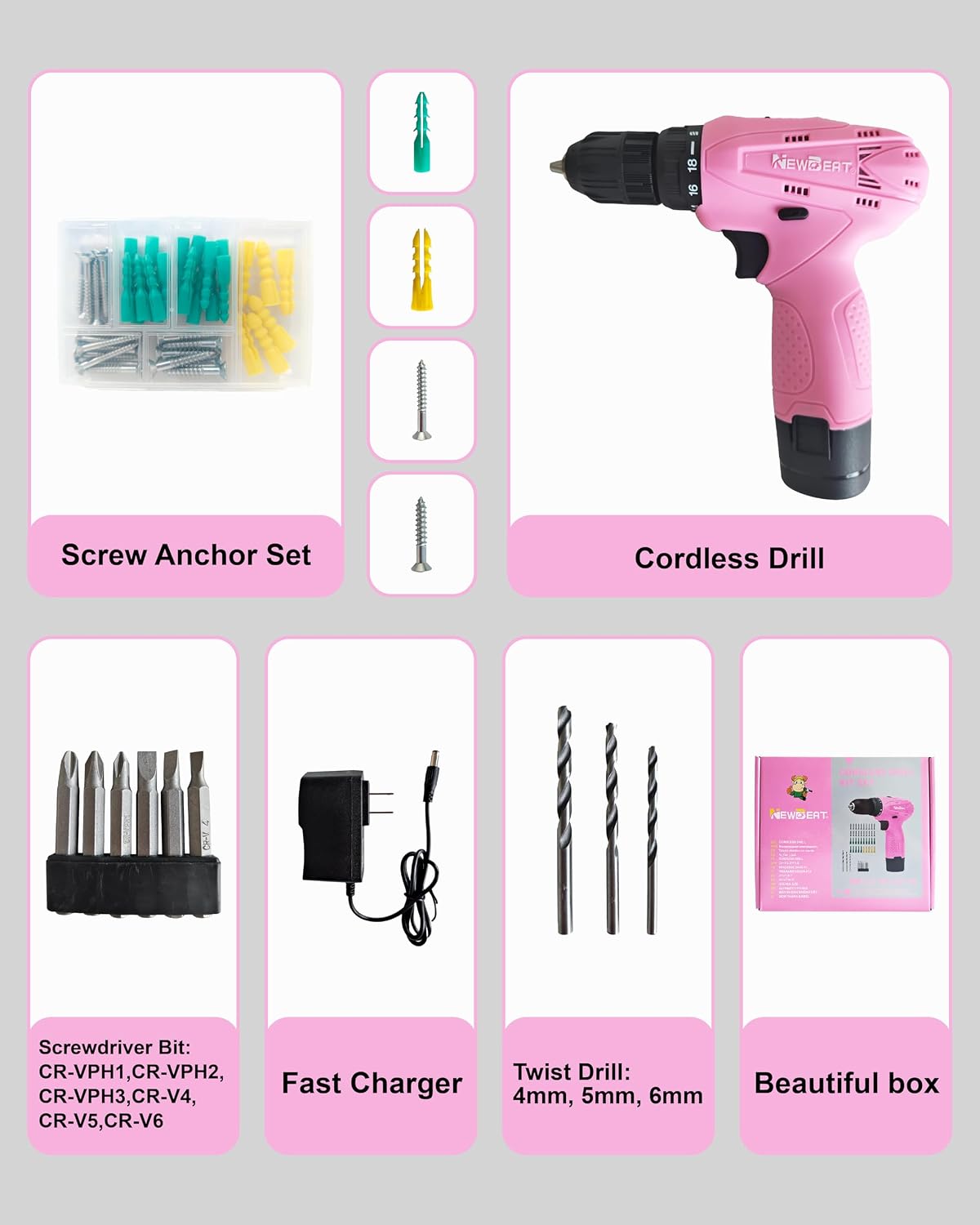 12V Cordless Drill Set with 2 Battery, Pink Drill for Women
