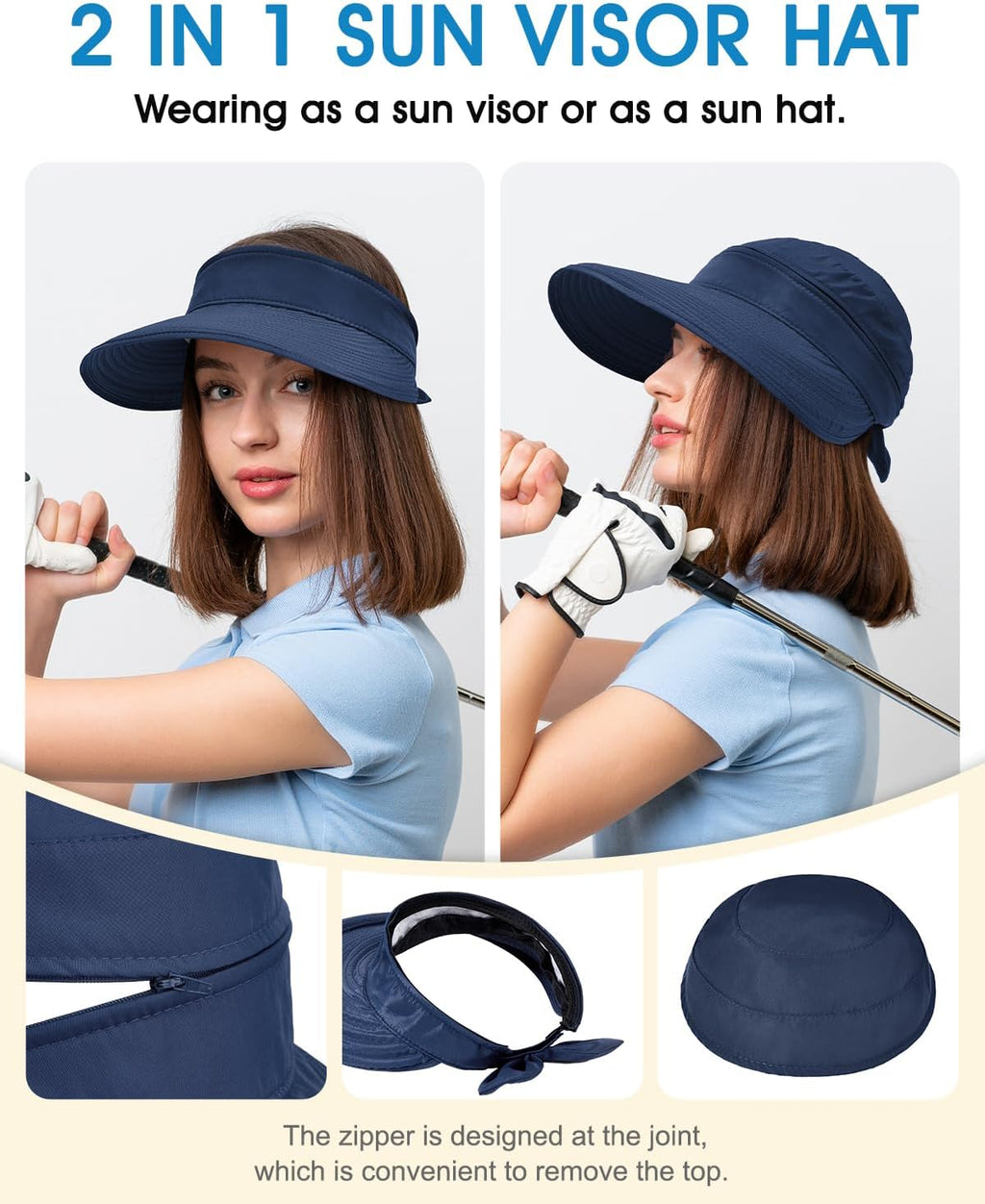 Century Star Sun Hat for Women Wide Brim Zip-Off Beach Hat Visor Ponytail UV Protection Summer Visors