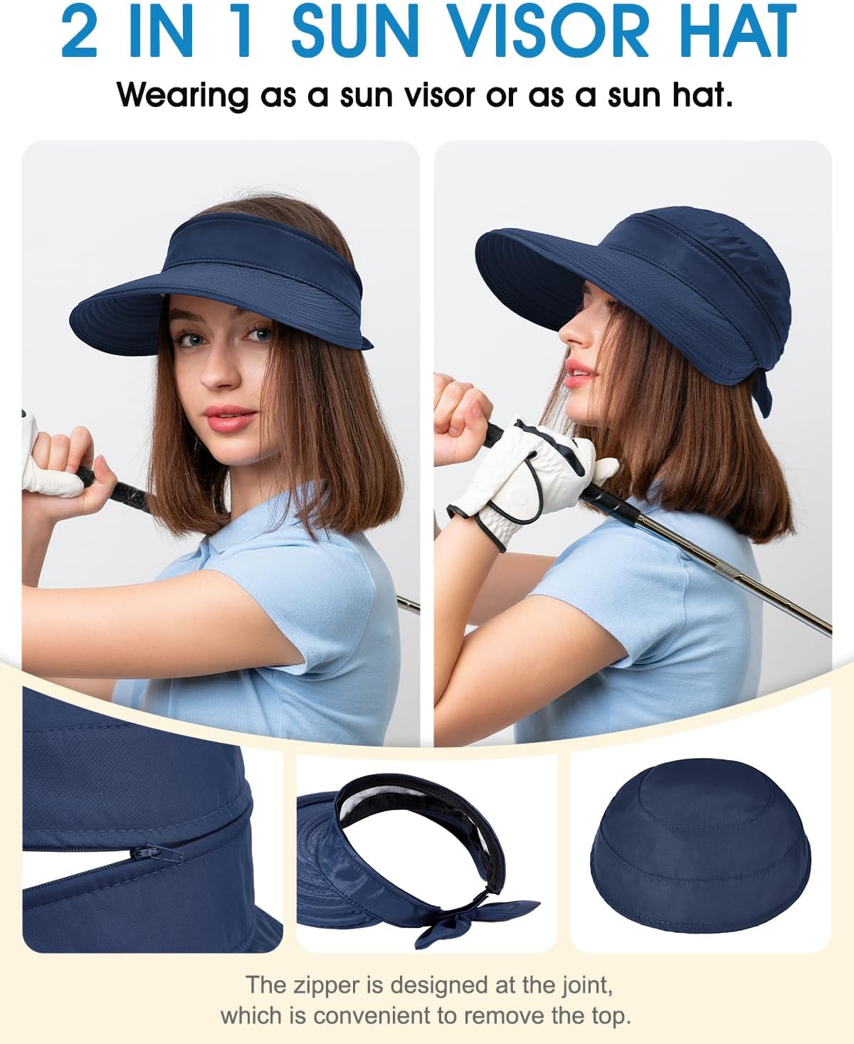 Century Star Sun Hat for Women Wide Brim Zip-Off Beach Hat Visor Ponytail UV Protection Summer Visors