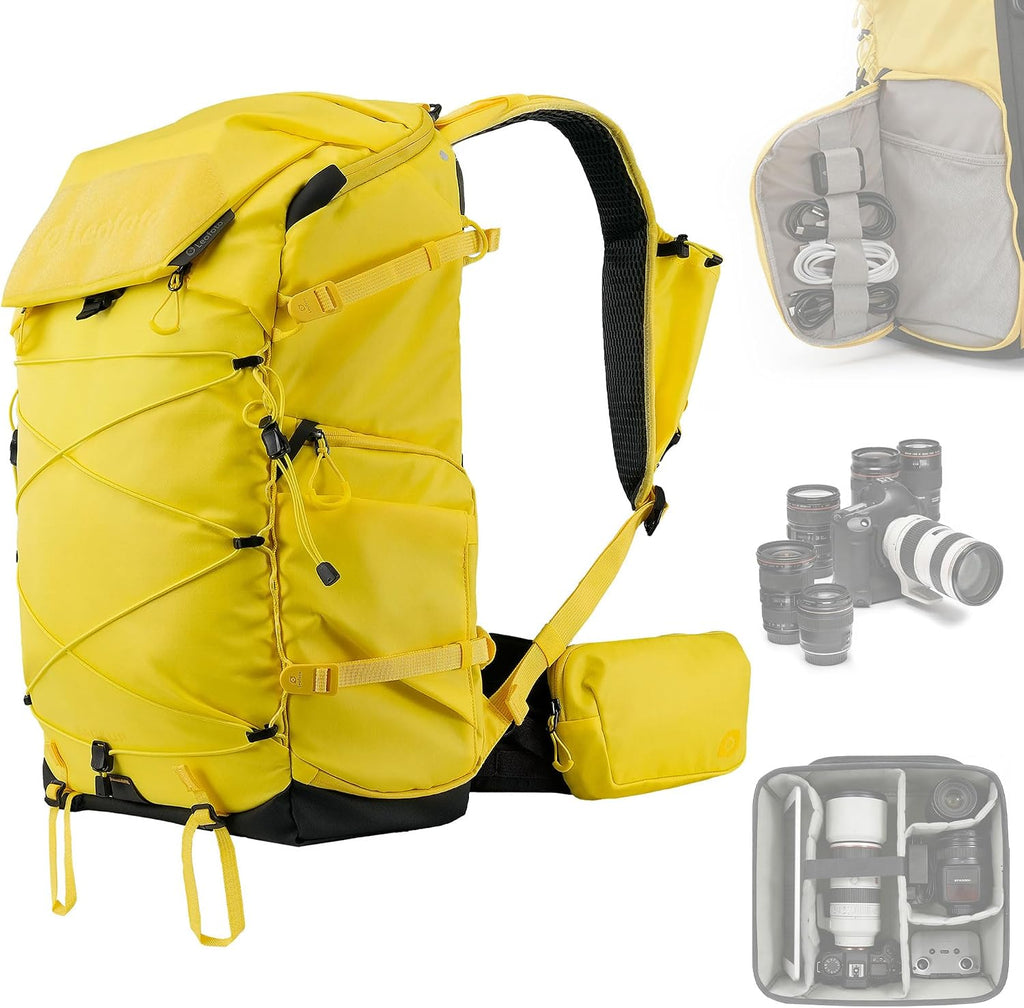 LEOFOTO 35L Camera Backpack for Photographer, Lightweight Waterproof Travel Camera Bag for Camera/Drone/15.6" Laptop, Photopraphy Bag with Side Access & Rain Cover, Tripod Compatible, 2.65KG - YELLOW