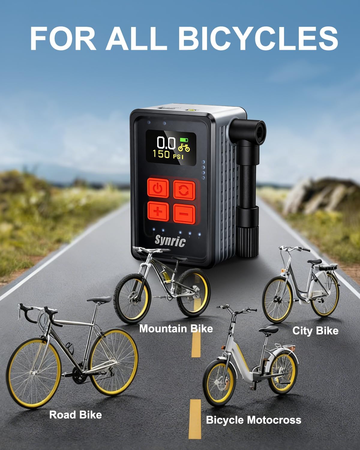 Mini Bike Tire Pump, 150PSI Fast Inflate Bike Pump with Gauge, Auto Stop, Portable Electric Air Pump with Presta & Schrader Valve, 360° Flexible Hose for Mountain Bike, Road Bike, E-Bike