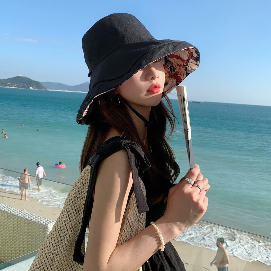 HUAMULAN Wide Brim Women Summer Sun Floppy Hat Reversible Beach Bucket Hat