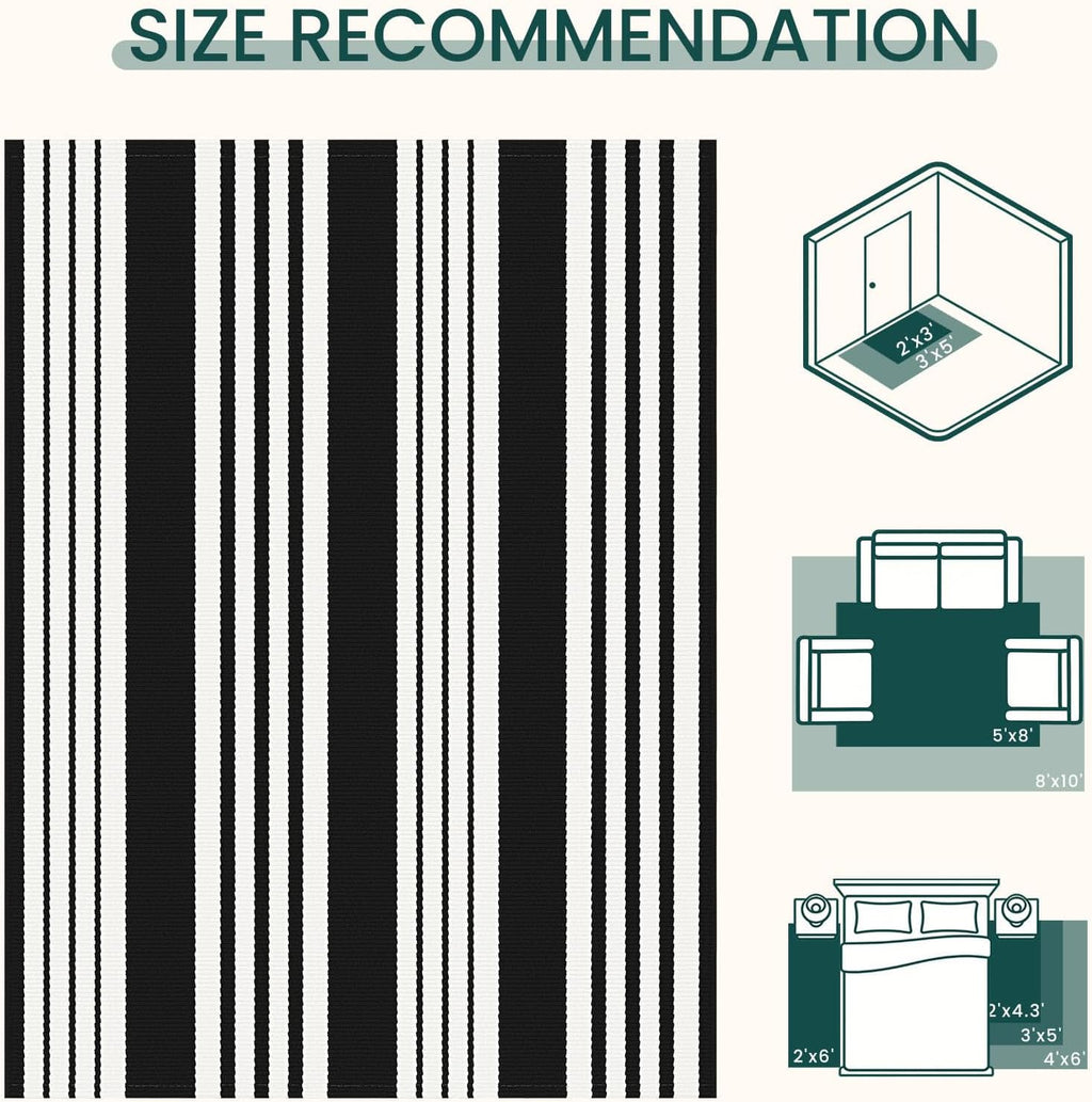 KOZYFLY 3'x5' Striped Area Rug, Black and White Woven Cotton Outdoor Rug