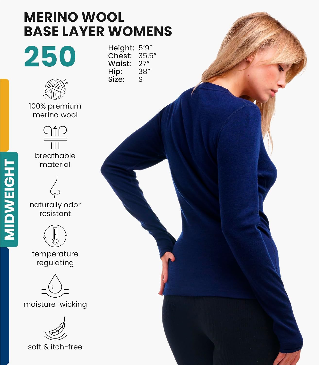 100% Merino Wool Base Layer Women - Long Sleeve Thermal Shirt with Socks