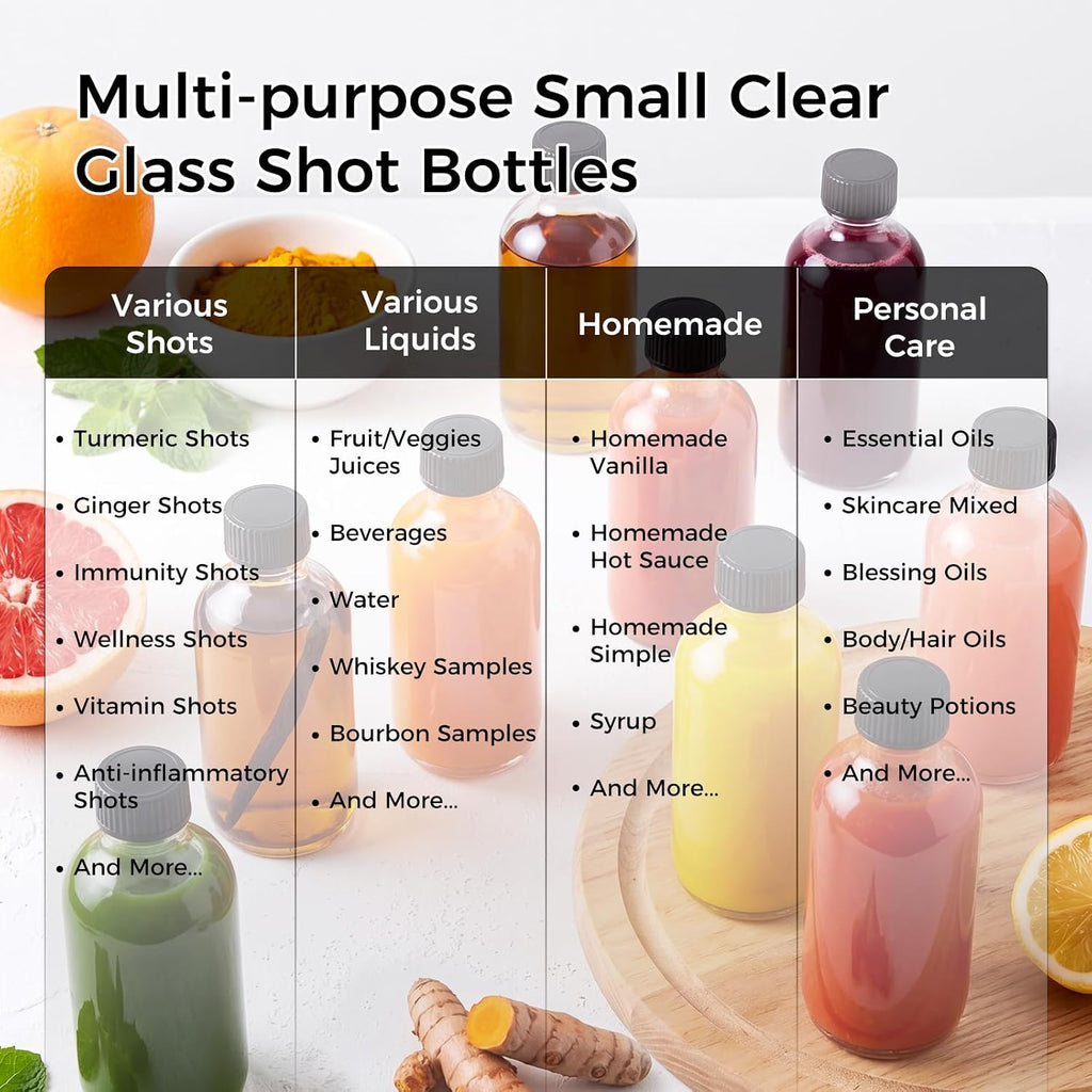 AOZITA 12 Pack, 2 oz Small Clear Glass Bottles w/Lid & 3 Funnels - 60ml Boston Shot Bottles for Health, Immunity, Potion, Wellness, Sample, Ginger, Juice - Mini Personal Care & Beauty Travel Bottle