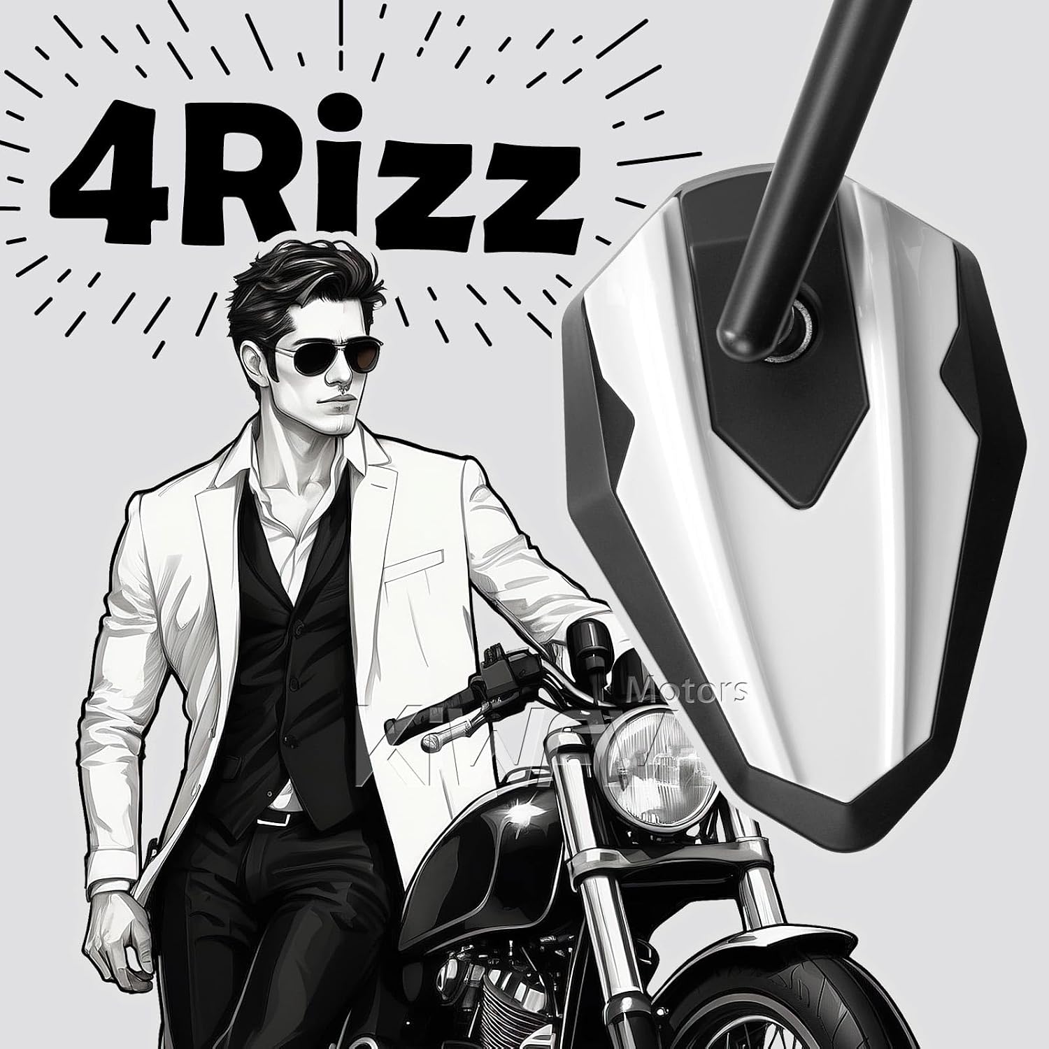 KiWAV 4Rizz White Motorcycle Rear View Mirrors Universal Fit 10mm 8mm Metric Bikes Scooters Chopper Cafe Racer Sold as 1 Pair