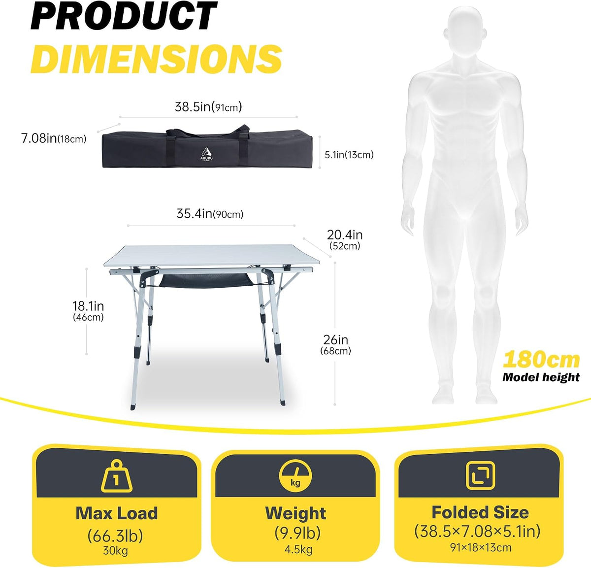 Folding Camping Table, Portable Aluminum Adjustable Height