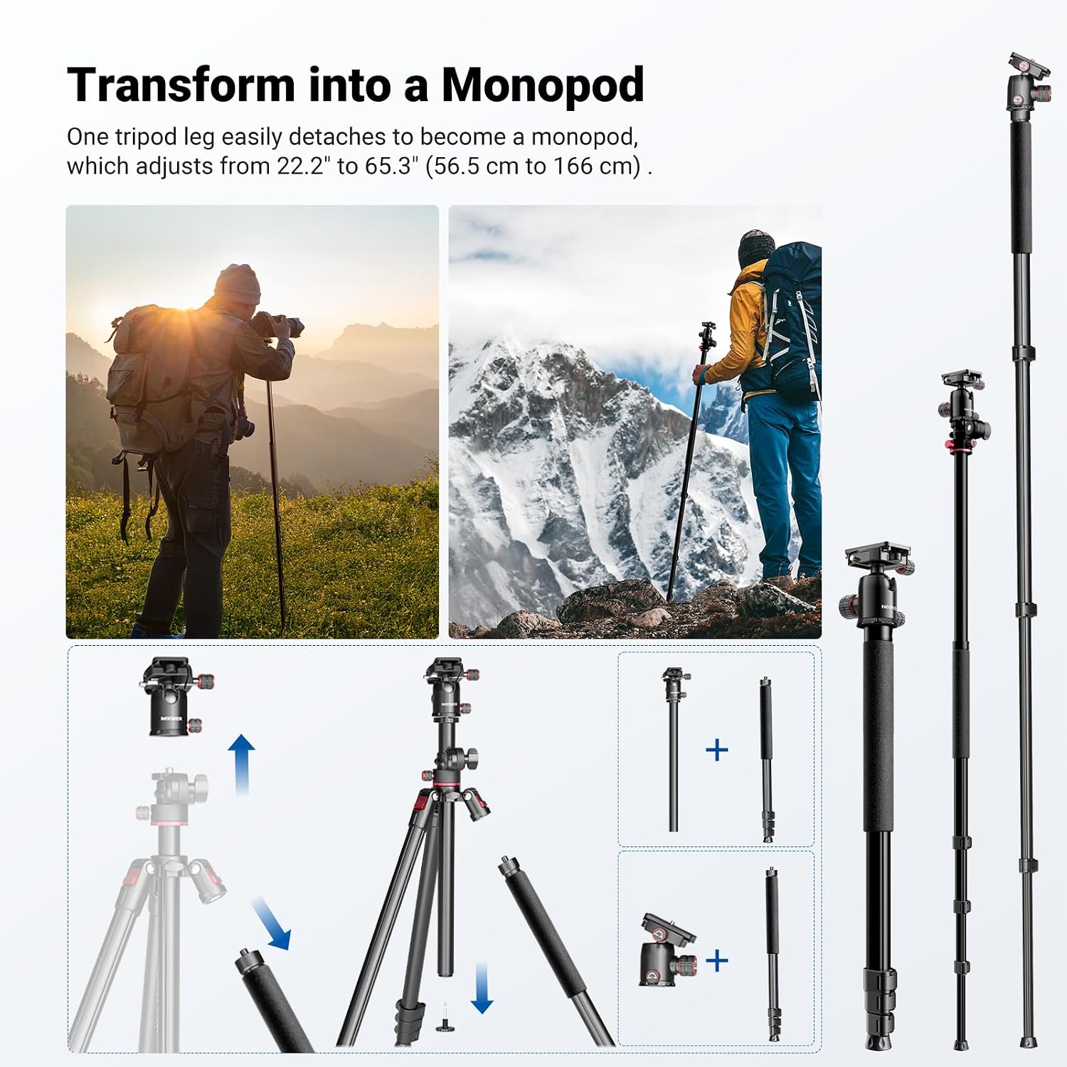NEEWER 90 Inch Tall Overhead Horizontal Camera Tripod Monopod with Ball Head & Flexible Center Column, Metal DSLR Video Travel Stand, Arca Type QR Plate & Inverted Legs, Max Load 10 kg / 22 lbs, TP63