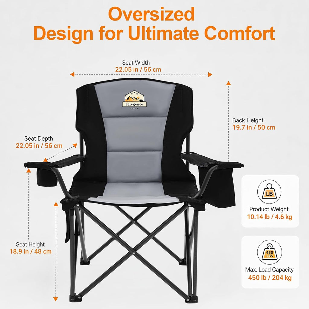 Colegence Oversized Heavy Duty Camping Chairs, 2 Pack, 450 lb, Black