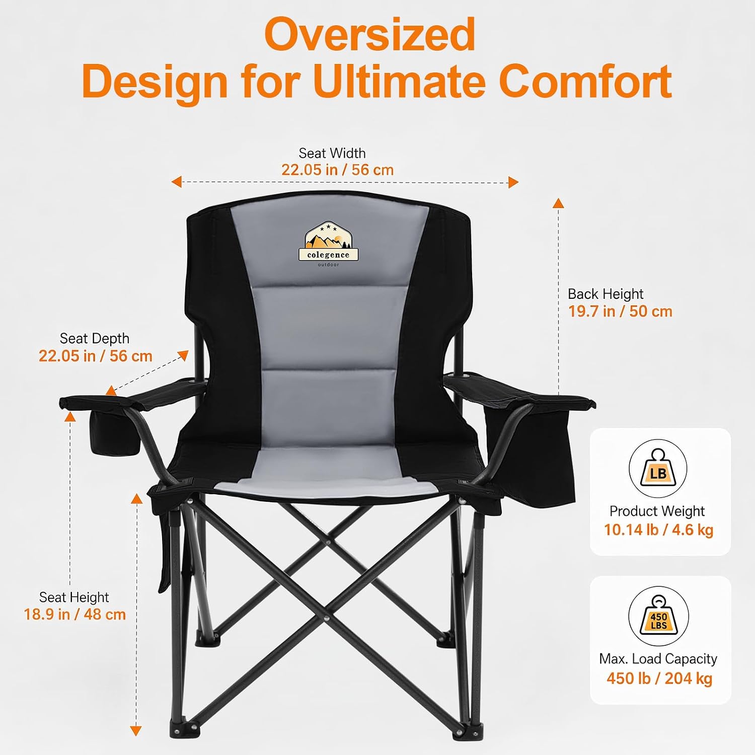 Colegence Oversized Heavy Duty Camping Chairs, 2 Pack, 450 lb, Black