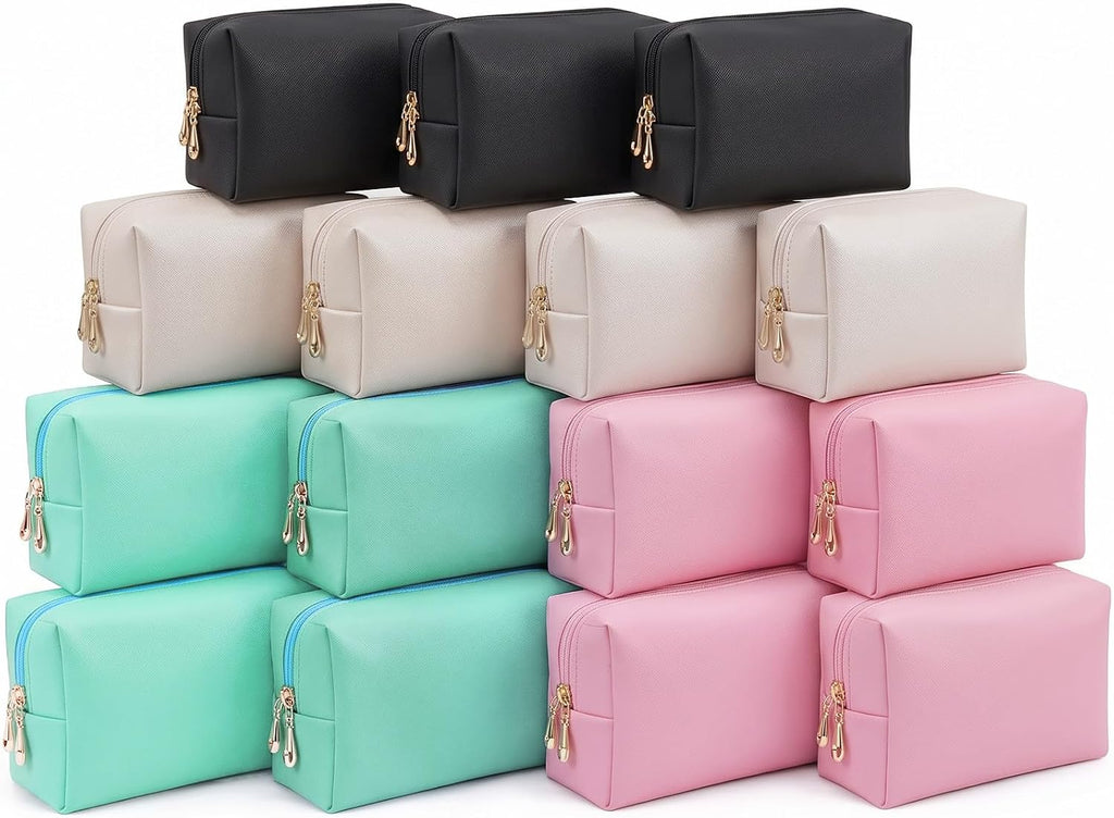 15 Pcs Makeup Bag Bulk PU Cosmetic Pouches Preppy Waterproof Travel Toiletry Bags Aesthetic Storage Organizer Bags Party/Birthday Gift Favors for Teen Girls Women (Vivid Series)