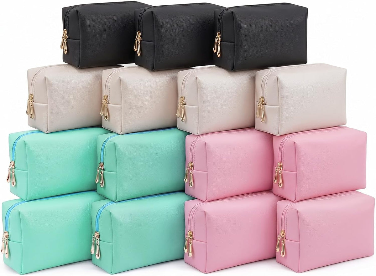 15 Pcs Makeup Bag Bulk PU Cosmetic Pouches Preppy Waterproof Travel Toiletry Bags Aesthetic Storage Organizer Bags Party/Birthday Gift Favors for Teen Girls Women (Vivid Series)