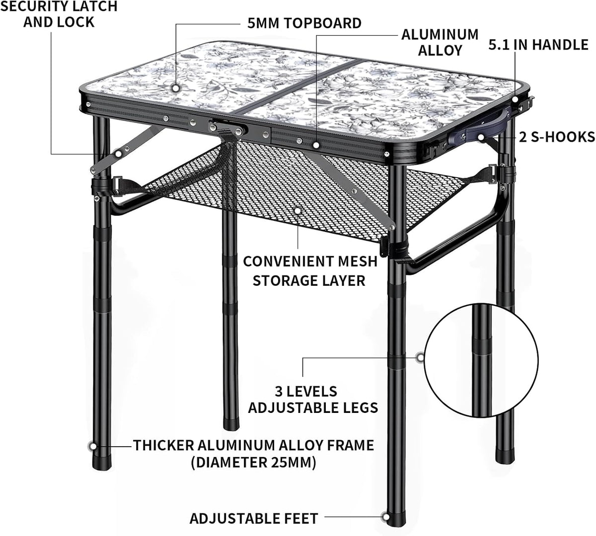 Outdoor Side Table, Portable 3 Adjustable Height, Small Folding Table